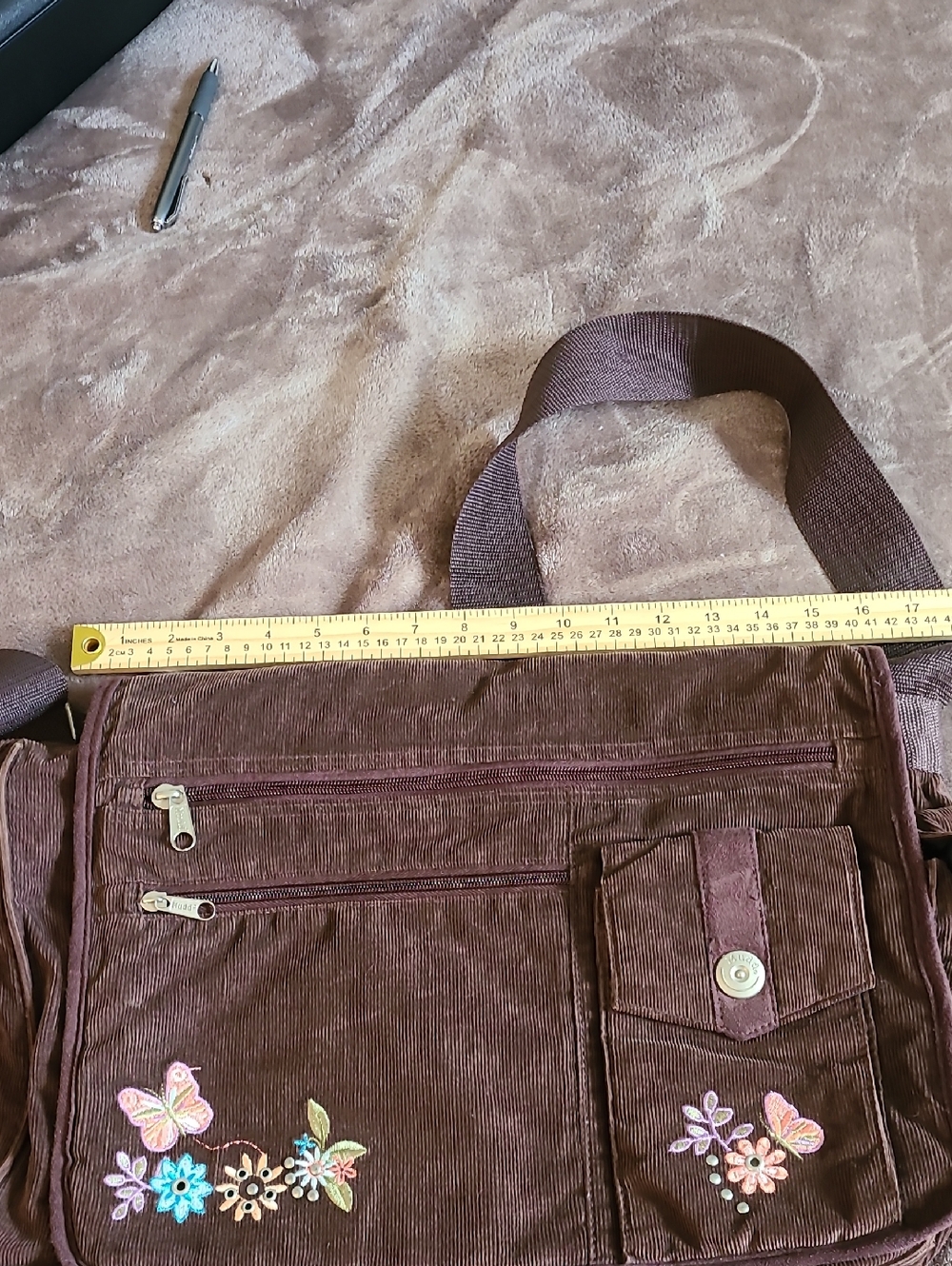 Mudd Brown Corduroy Messenger Bag with Floral And Butterfly Embroidery Y2K 90s - Picture 6 of 6